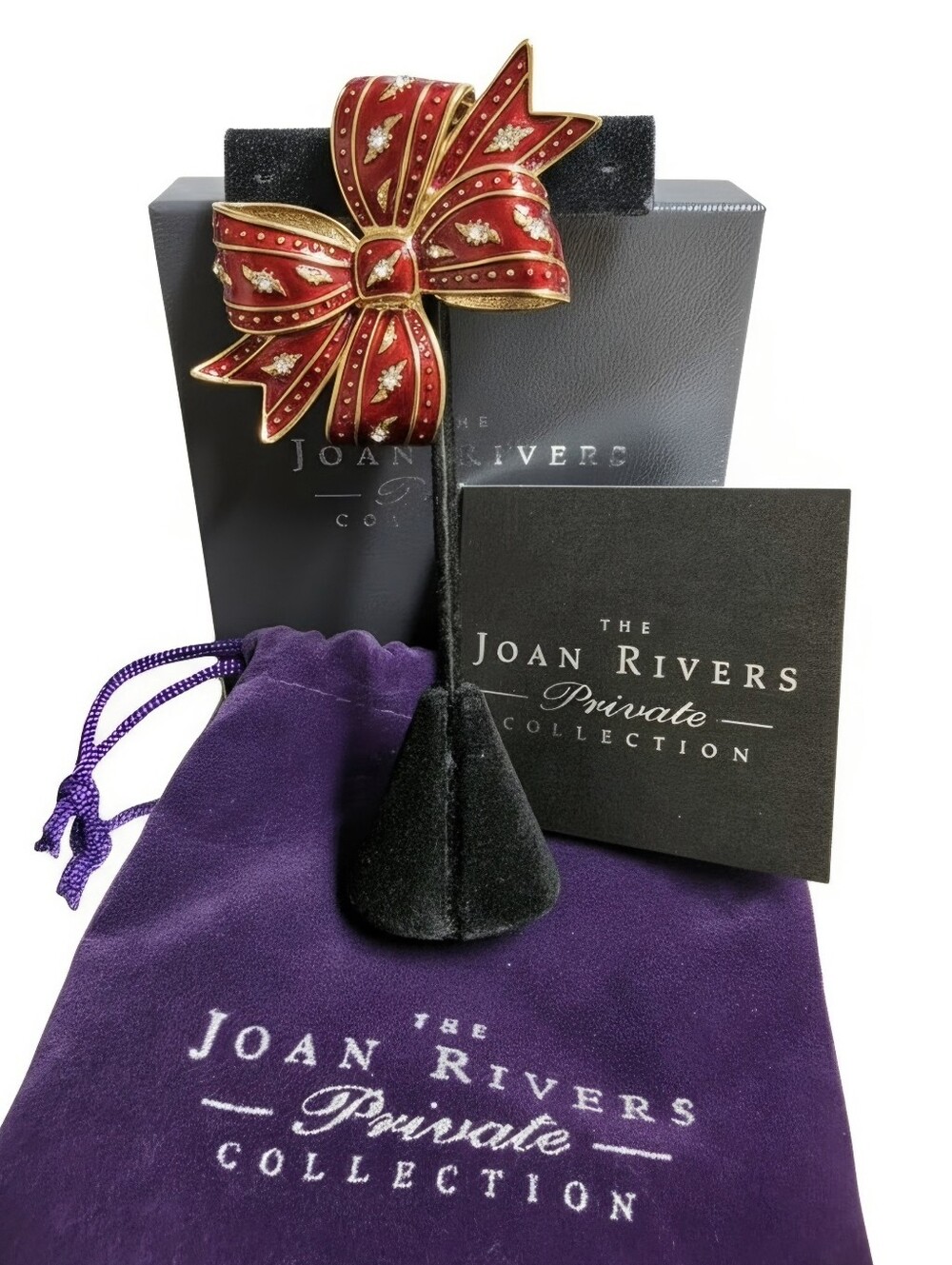 Joan Rivers Private Collection Red Enamel Bow Brooch Pin, NIB Box & Pouch